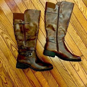 Kim Rogers heeled boots, zipper closures, buckle detail, size 9 MW, brown